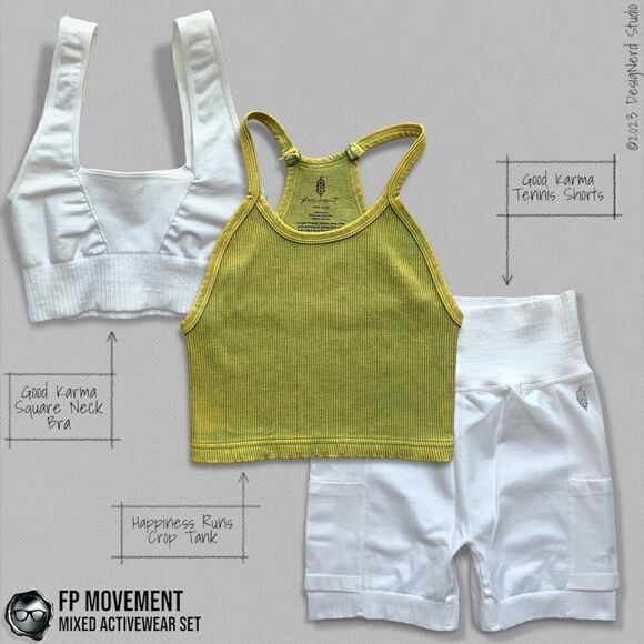 FP MOVEMENT SET GOOD KARMA SQUARE NECK BRA + TENNIS SHORTS + HAPPINESS RUNS CROP - Picture 1 of 16